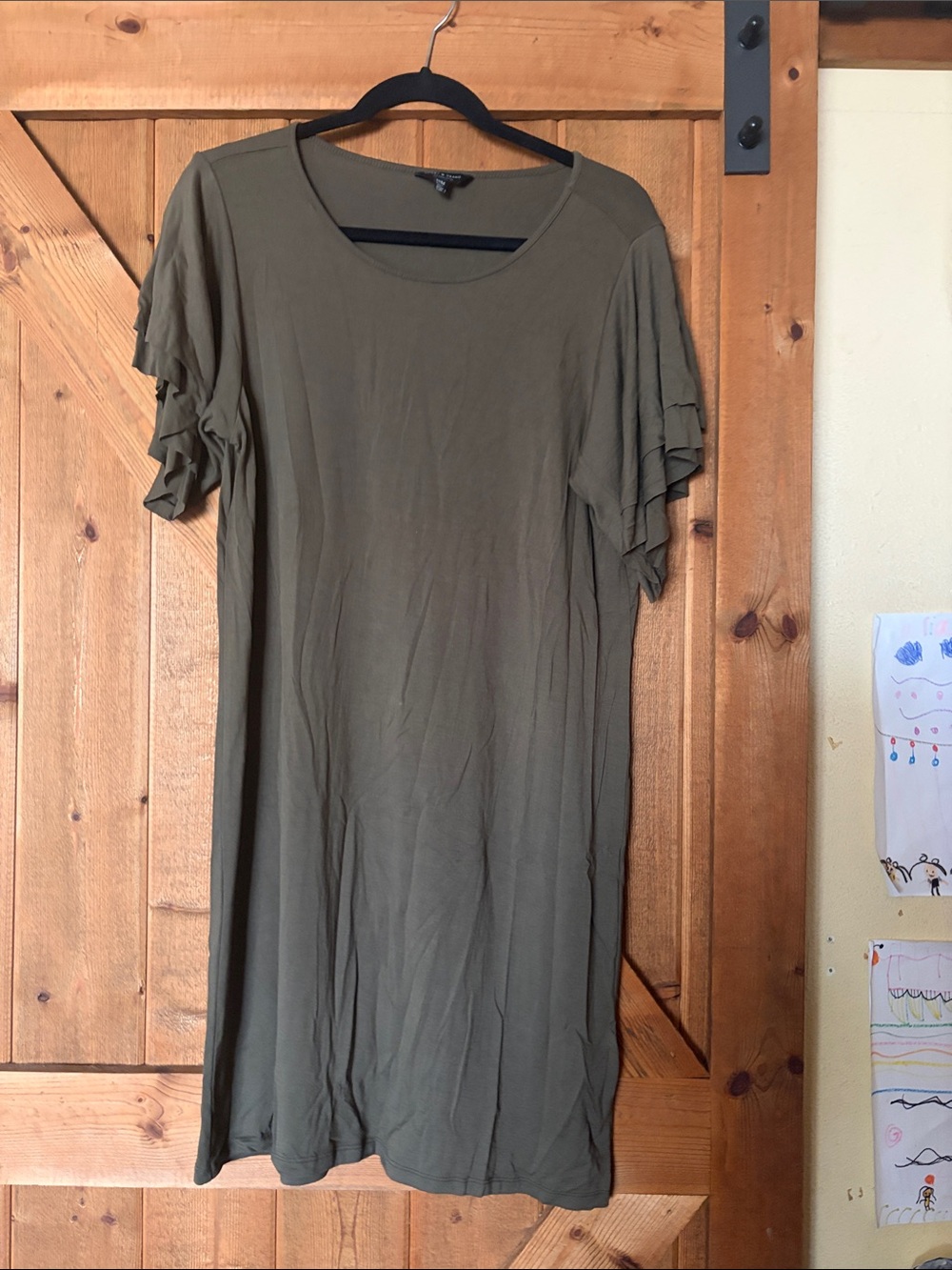 Lucky Brand Olive Green Ruffle-Sleeve T-Shirt Dress